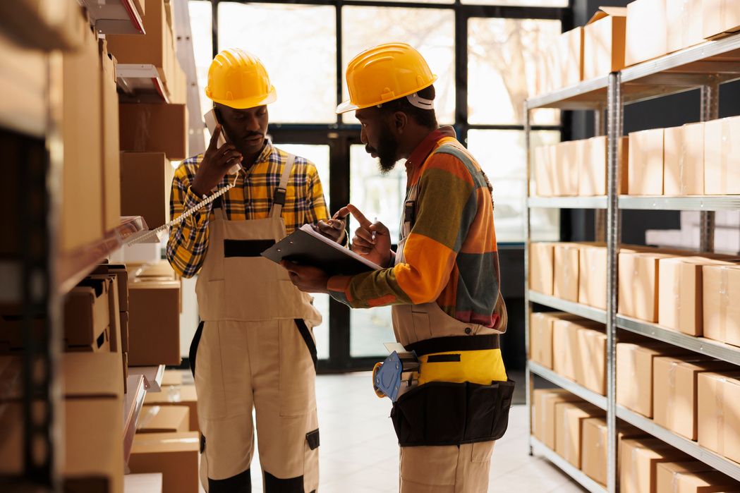 Men explaining logistics manager stock supply chain on phone